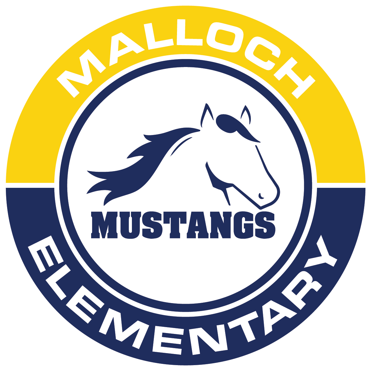 Malloch Elementary logo: Blue and yellow circular design with a mustang and the words 