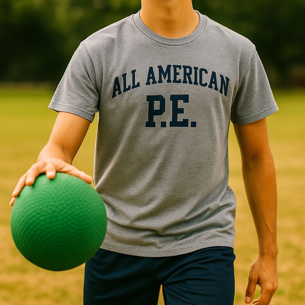 Person holding a green ball, wearing a grey