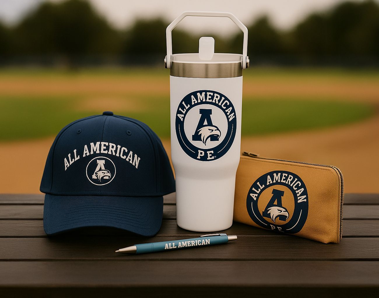 Hat, tumbler, pencil, and case with