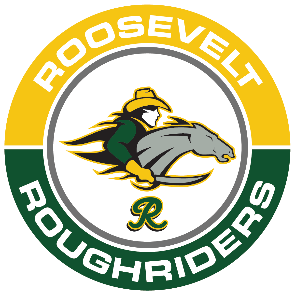 Roosevelt Roughriders logo with cowboy riding a horse, green and gold colors.