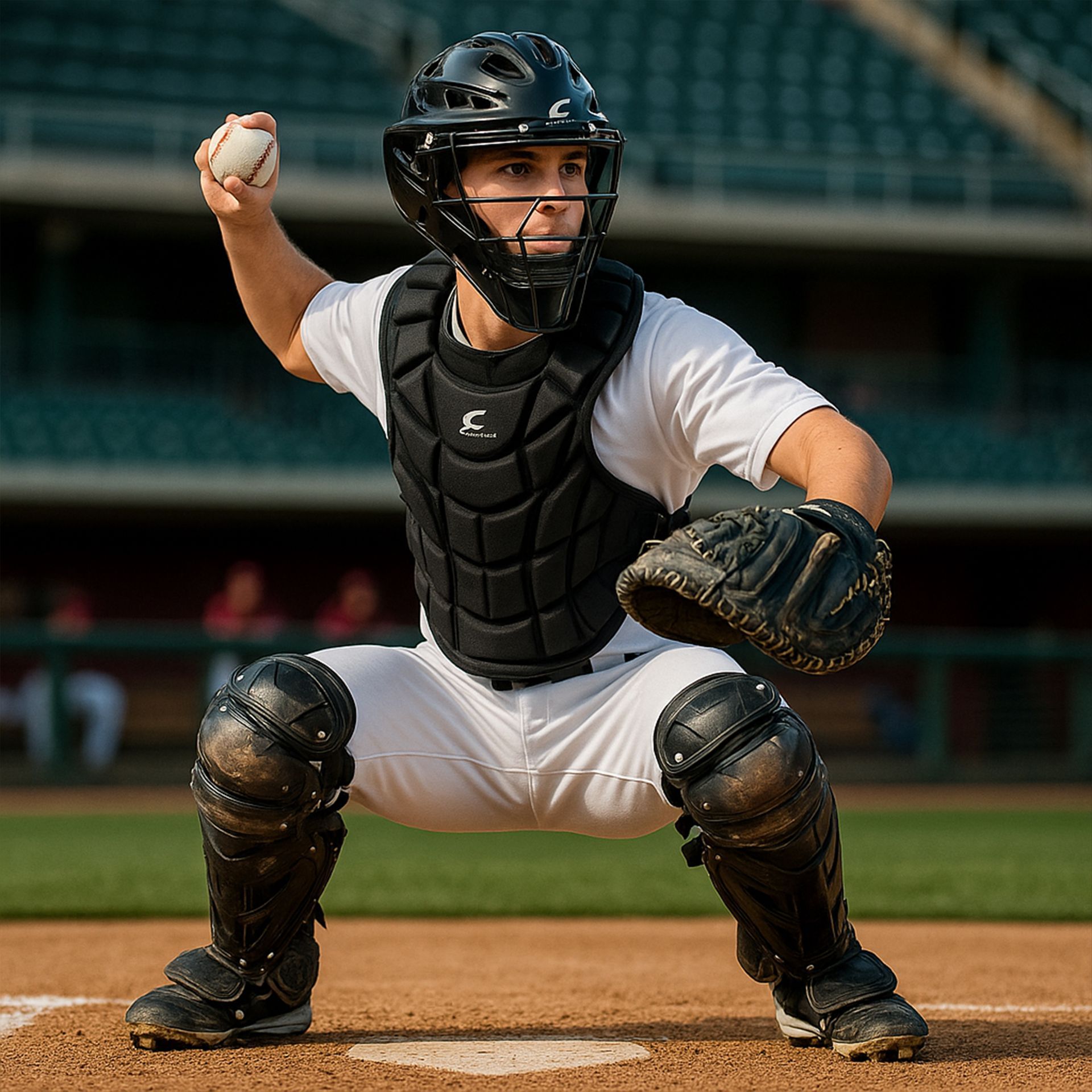 Baseball catcher in black gear throwing the ball, crouched on the field.