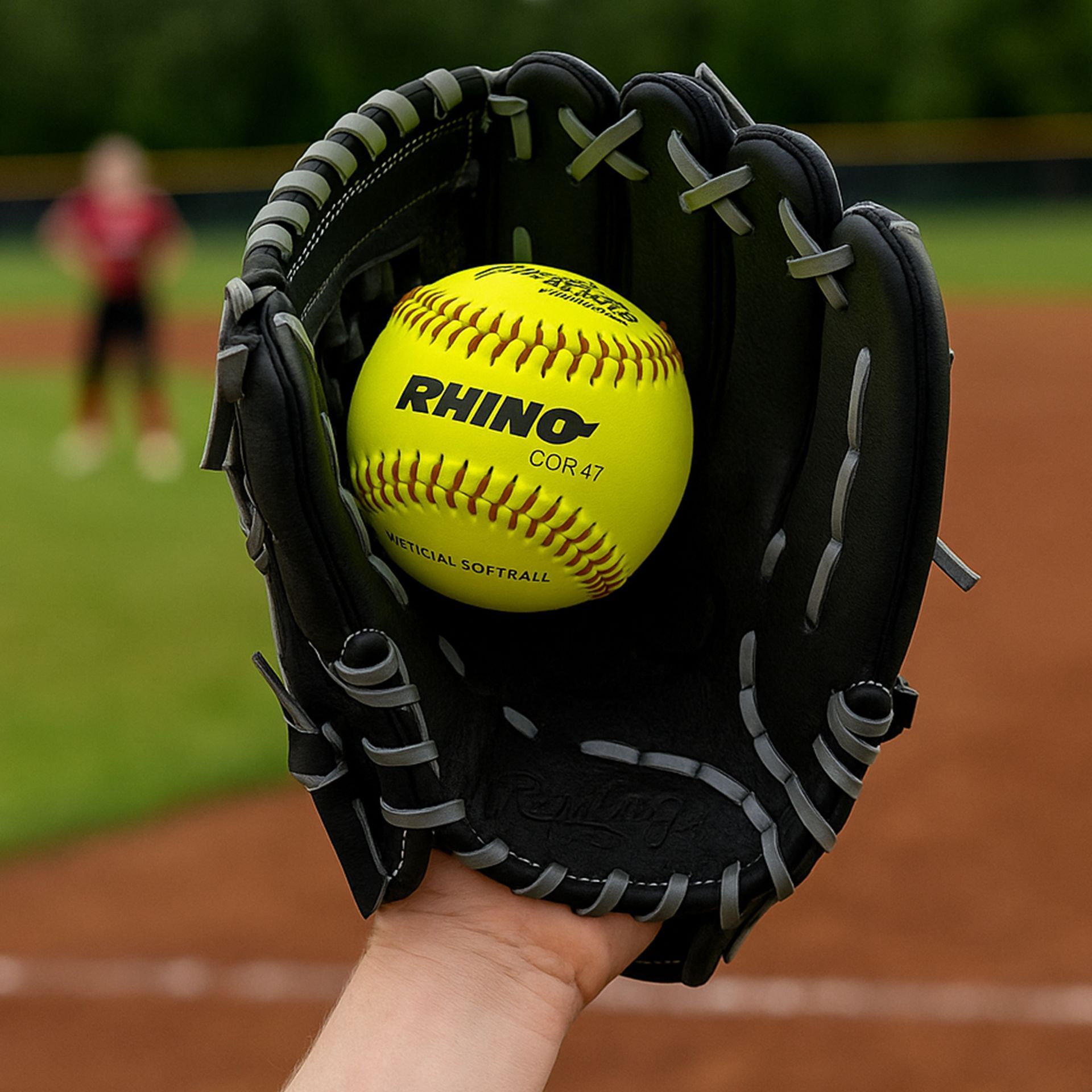 Hand holding a black softball glove with a yellow softball inside. Blurred figure in background.