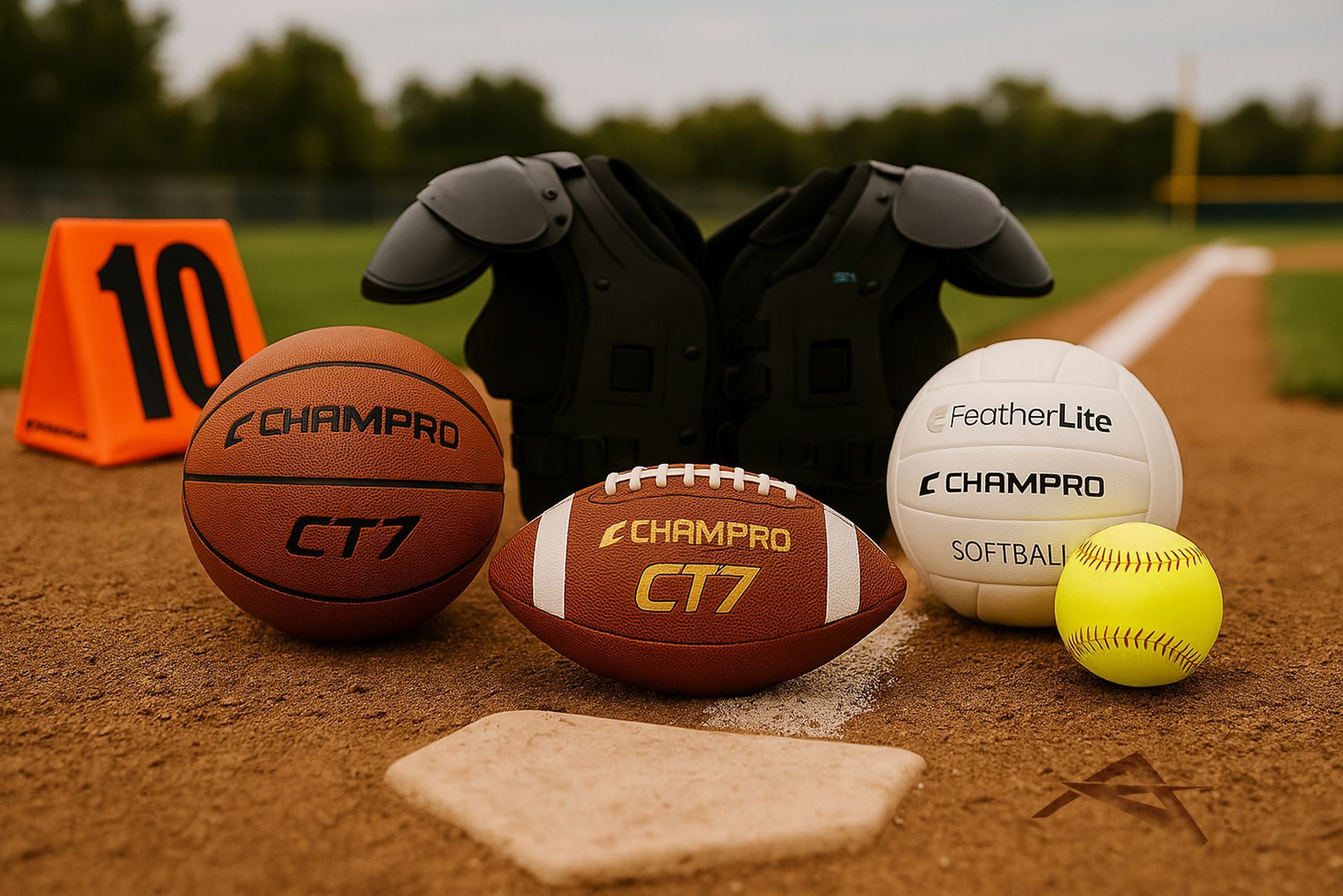 Sports equipment: football, basketball, volleyball, softball, shoulder pads, and yard marker on a baseball field.