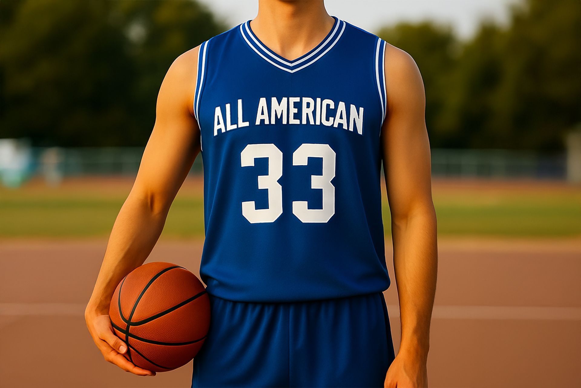 Basketball player in blue jersey holding a ball;