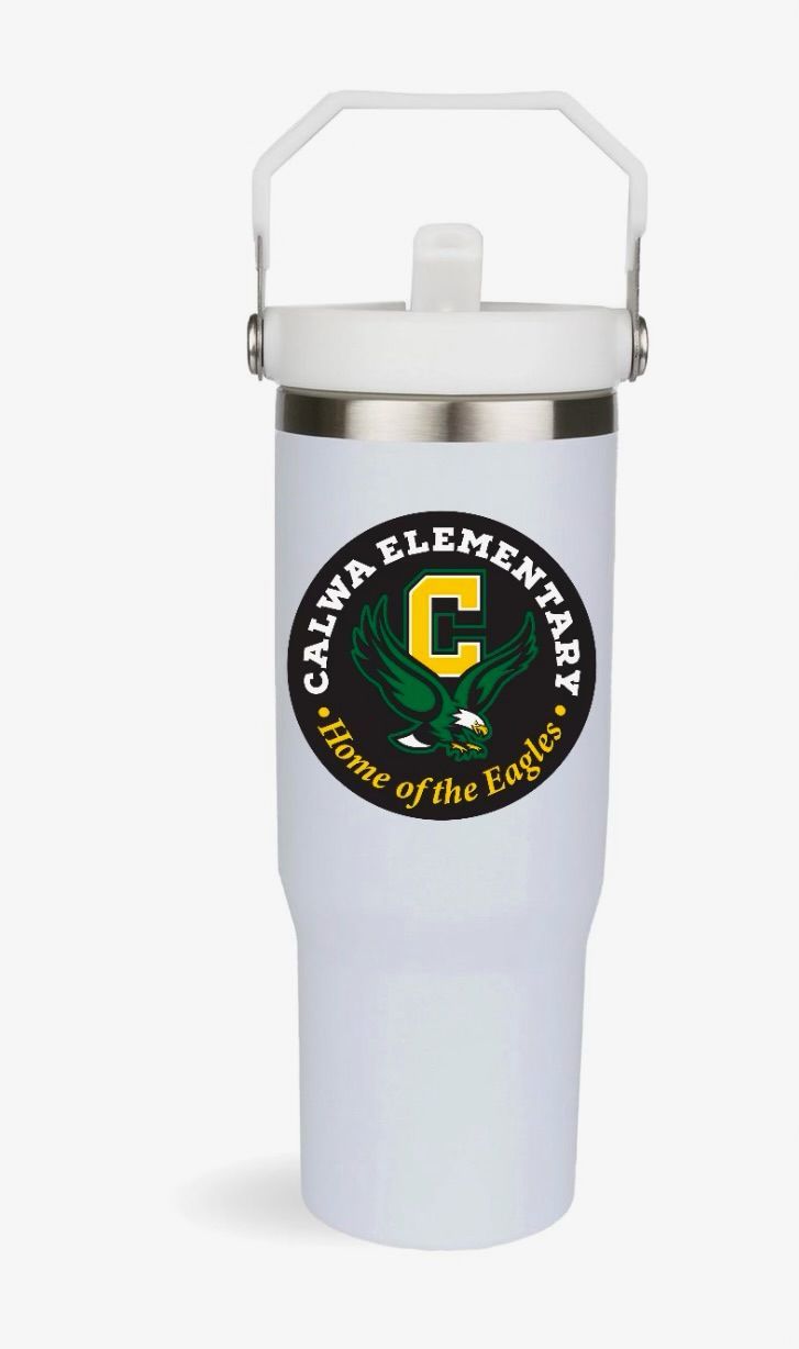 White insulated tumbler with Calwa Elementary logo, featuring an eagle.
