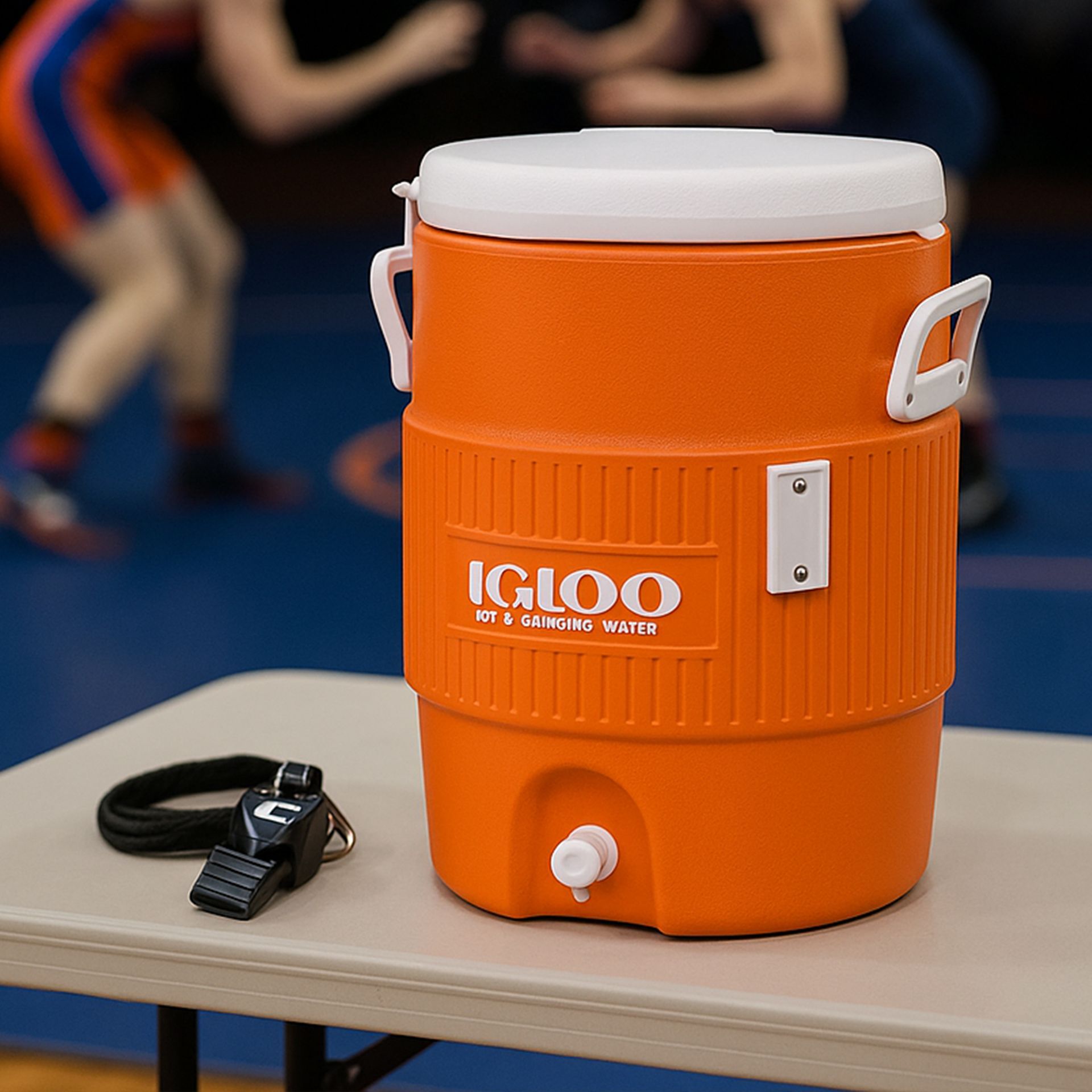 Orange Igloo water cooler on a table next to a black whistle; wrestlers in background.