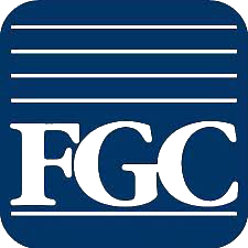 The fgc logo is a blue square with white stripes on it.