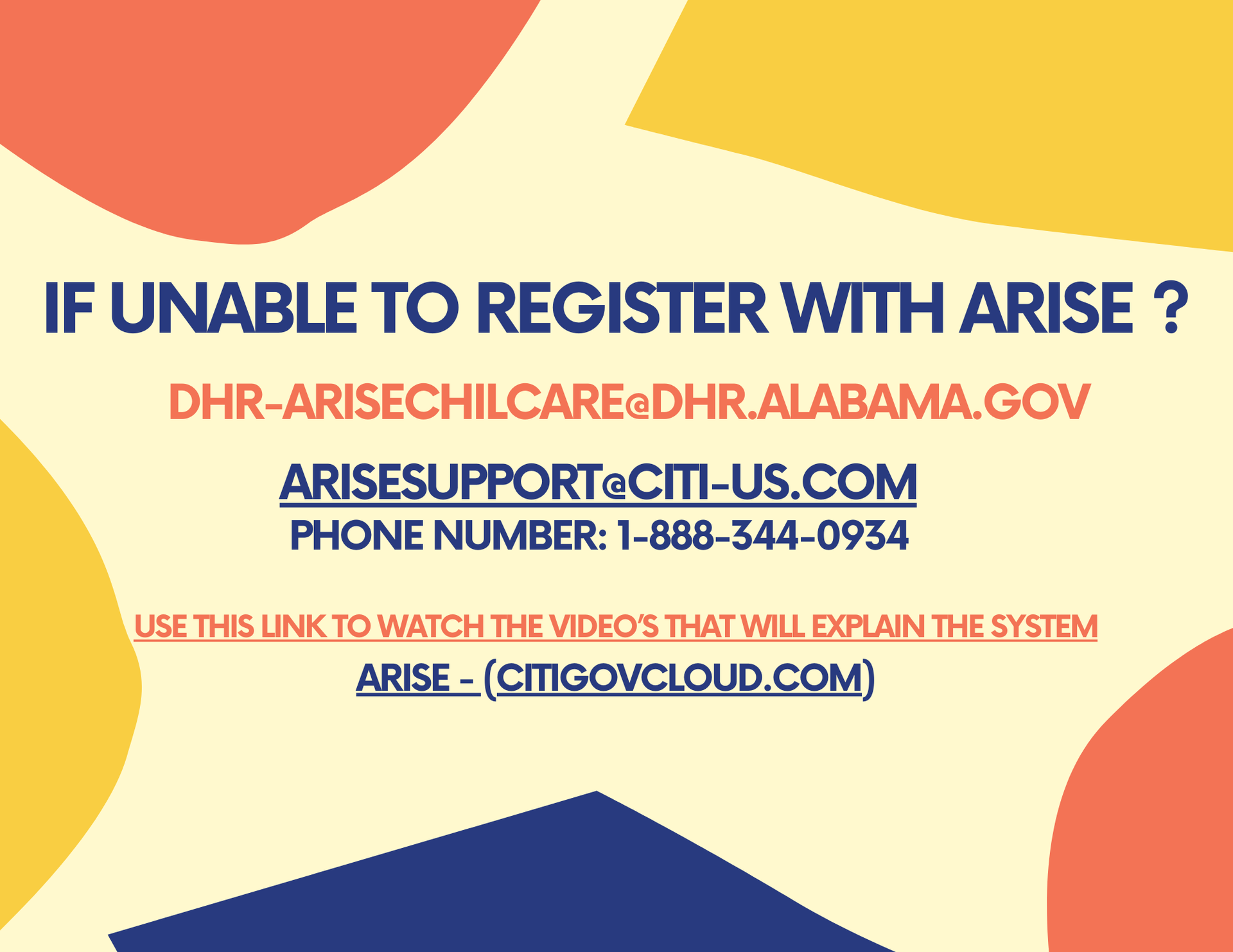 A poster that says if unable to register with arise