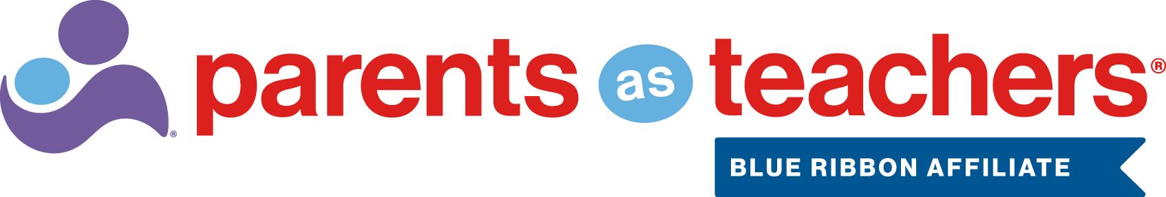 A logo for parents as teachers with a blue ribbon