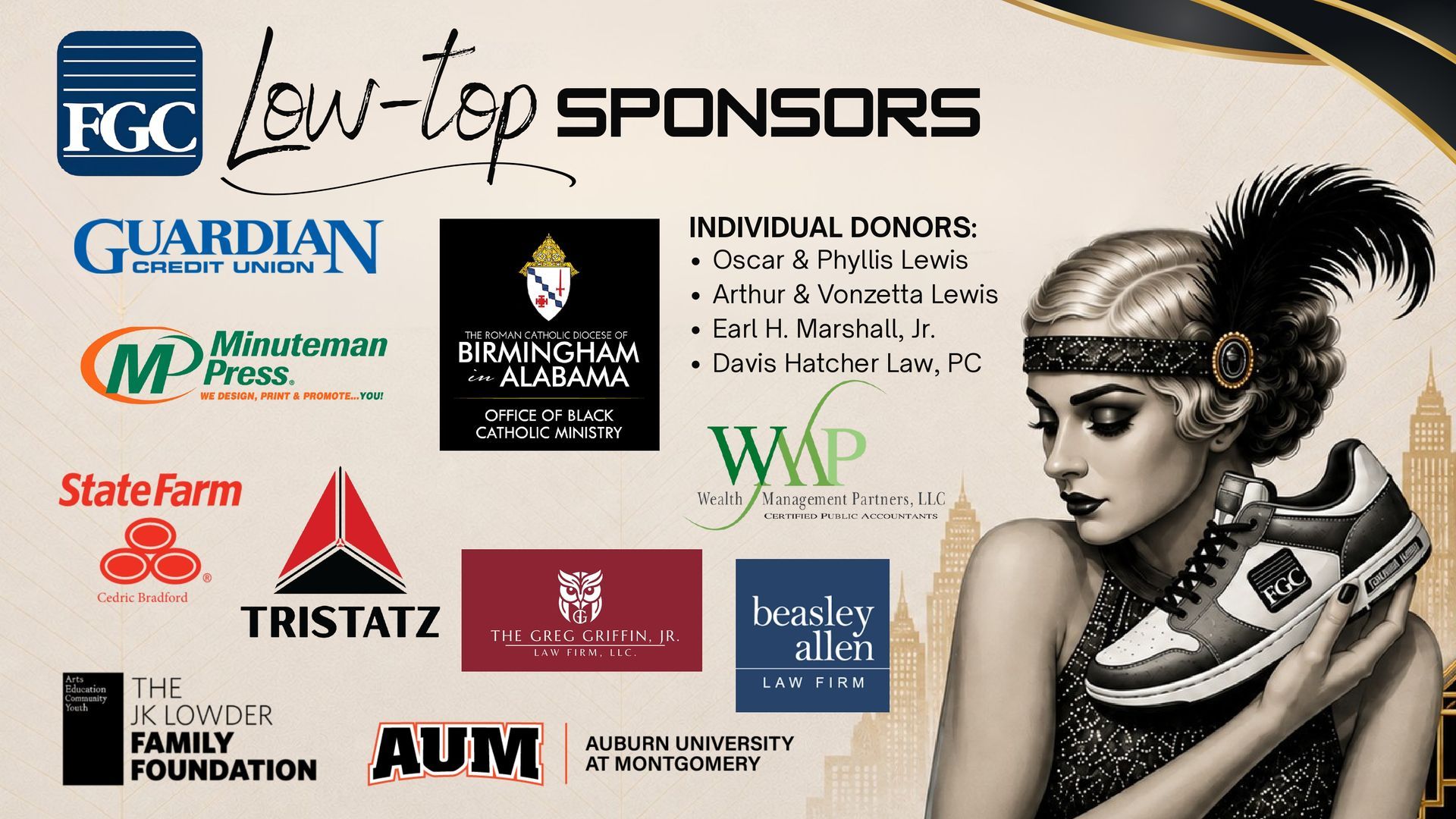 Low-top sponsors poster with logos and a woman in a feathered headpiece on the right