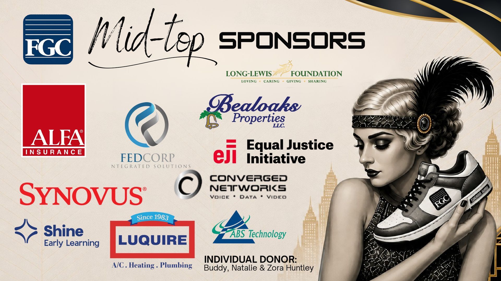 Mid-top sponsors poster with multiple logos and a black-and-white masked figure on the right