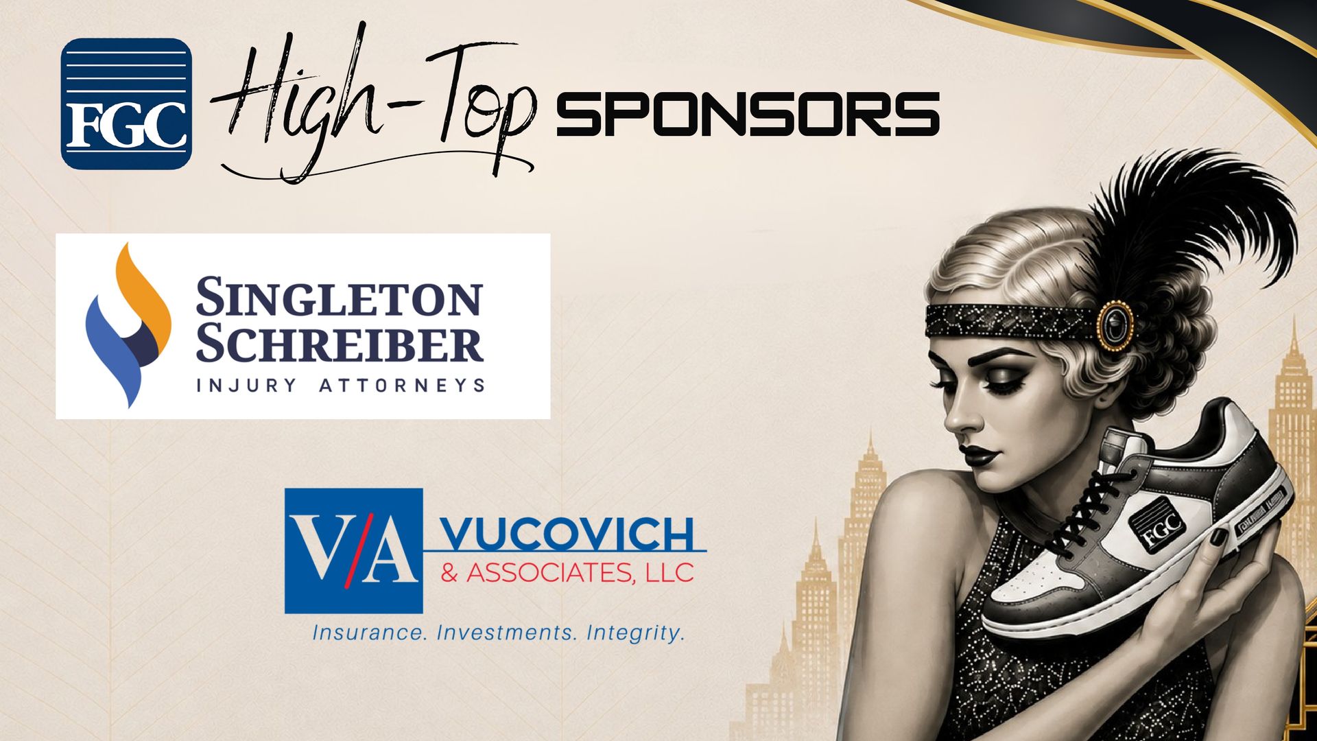 FBC High-Tap sponsors banner with Singleton Schreiber, Vucovich & Associates logos and a Native woman illustration