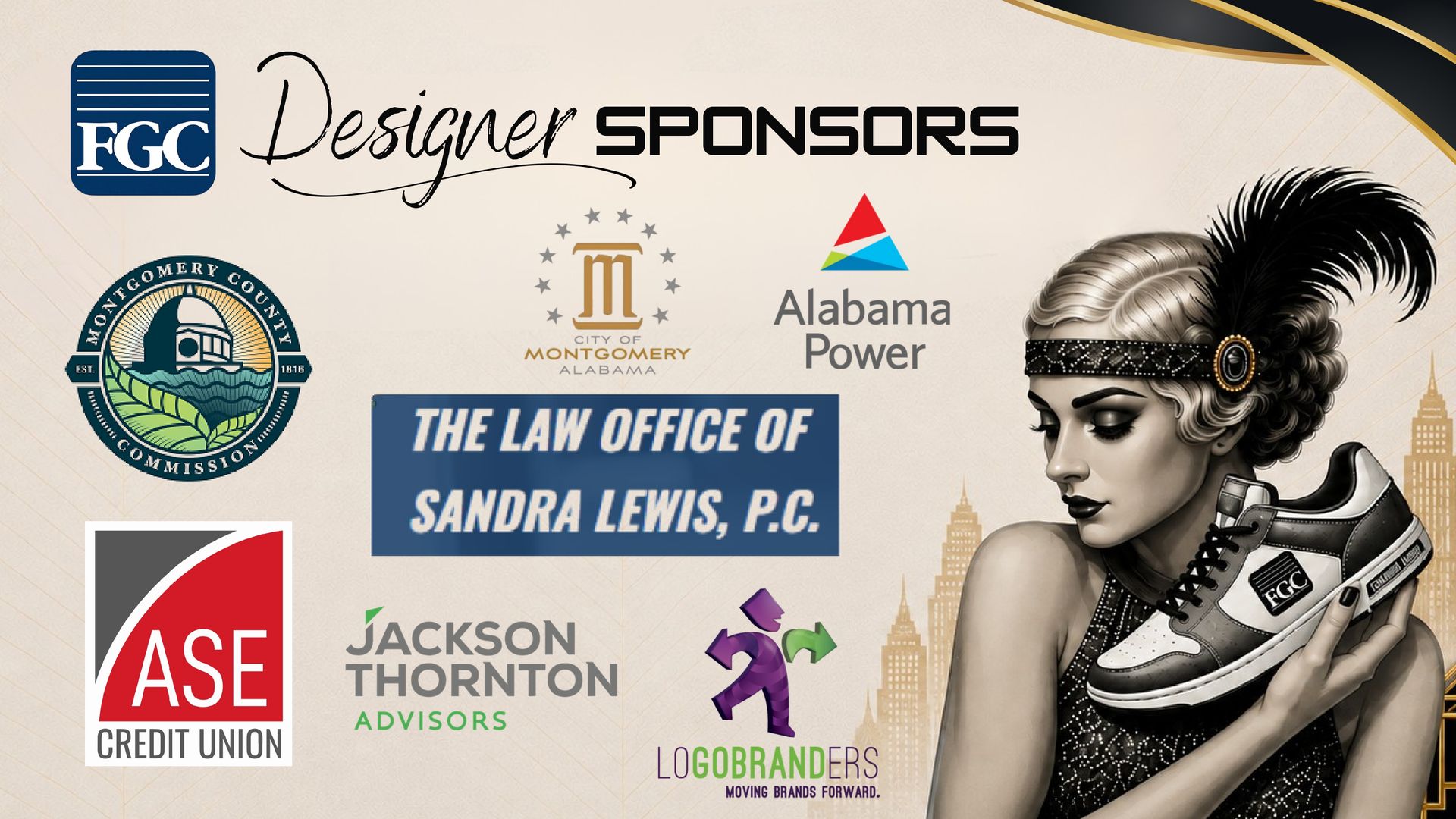 Designer sponsors collage with multiple logos and a black feathered masquerade portrait on the right