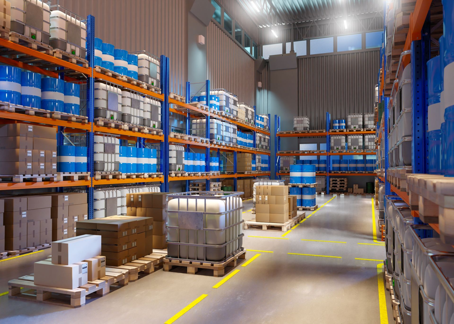 Un grande magazzino con raffrescamento per capannoni industriali pieno di scatole e barili.
