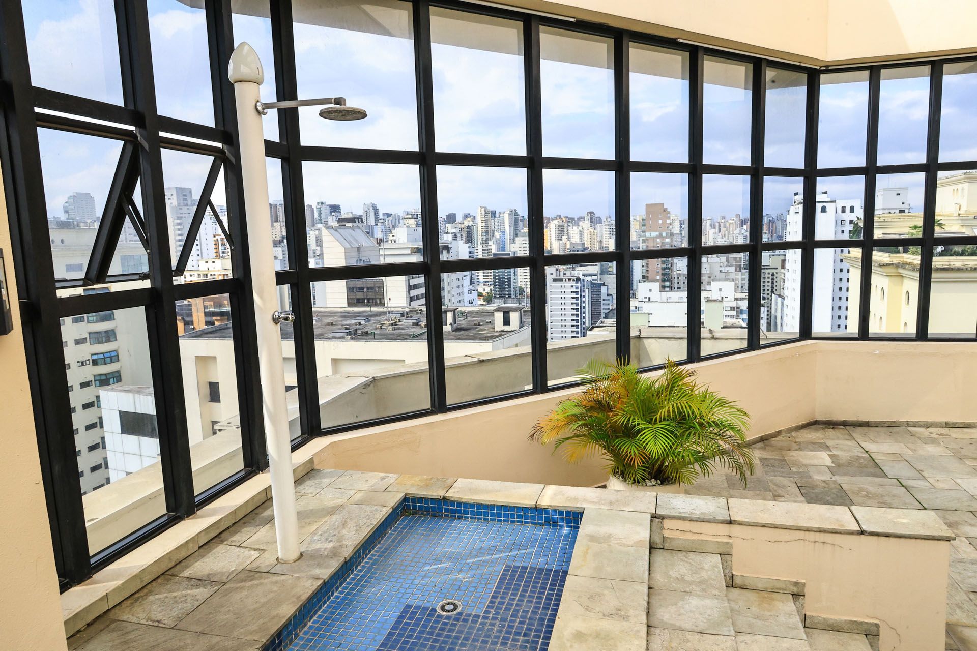 Terraço curvo envidraçado na cobertura com vista para o horizonte da cidade, pequena piscina e planta em vaso.