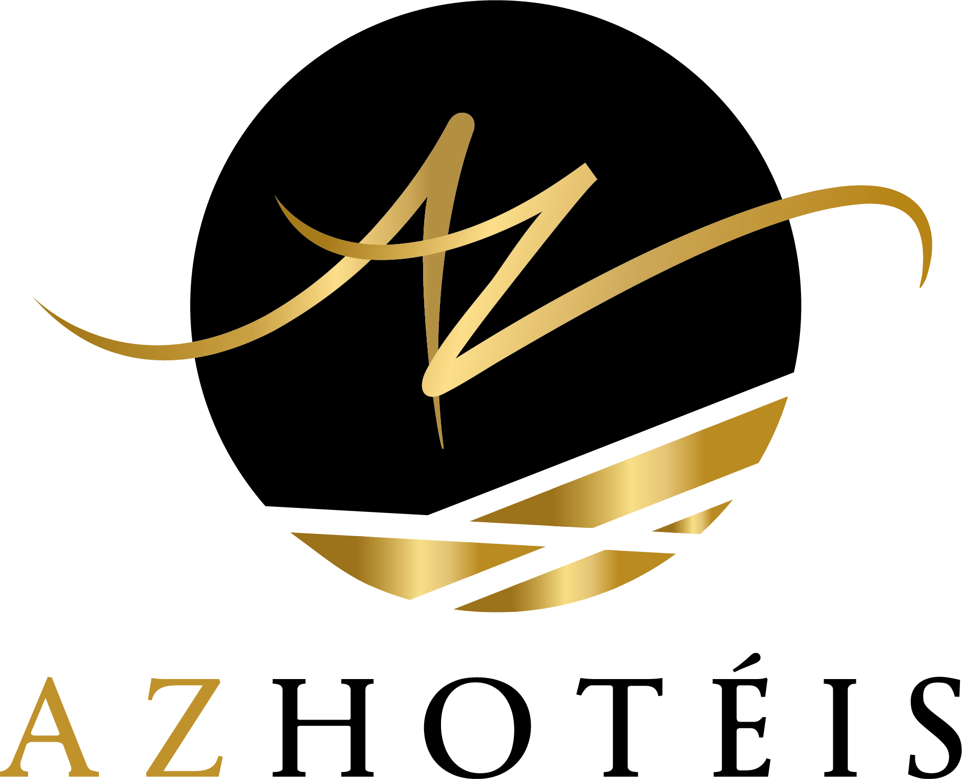 Logotipo do Ninety Hotel em azul-marinho e dourado com arcos dourados estilizados acima do nome.