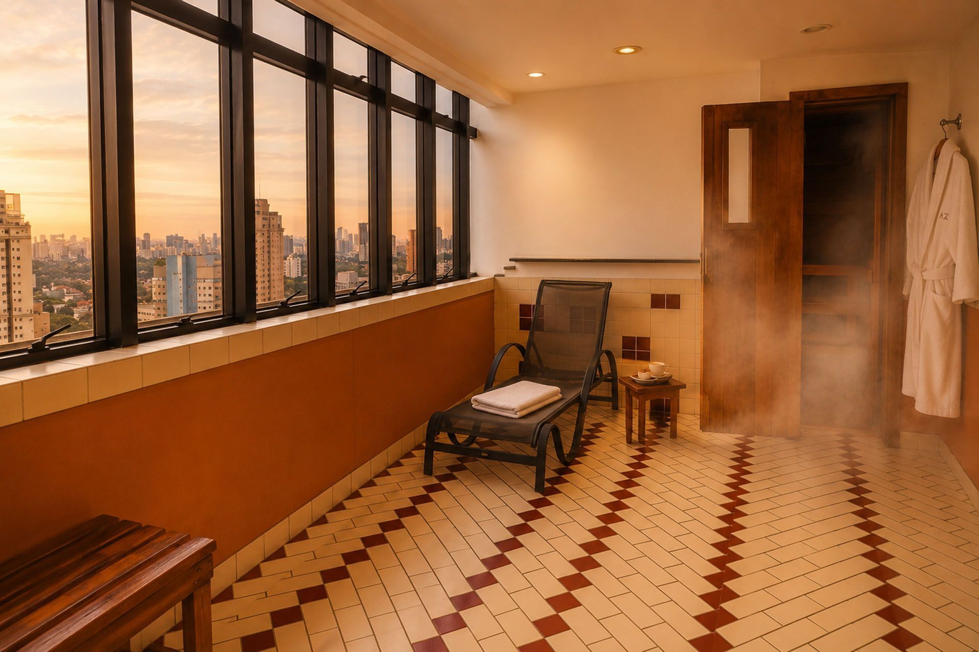 Sala de vapor com bancos, piso de azulejo, janelas amplas e vista para a cidade.