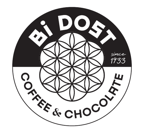 A black and white logo for bi dost coffee and chocolate.