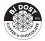 A black and white logo for bi dost coffee and chocolate.