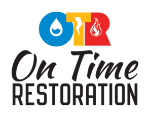 Logo for On Time Restoration with a water drop, lightning bolt, and flame icon above the words "On Time Restoration."