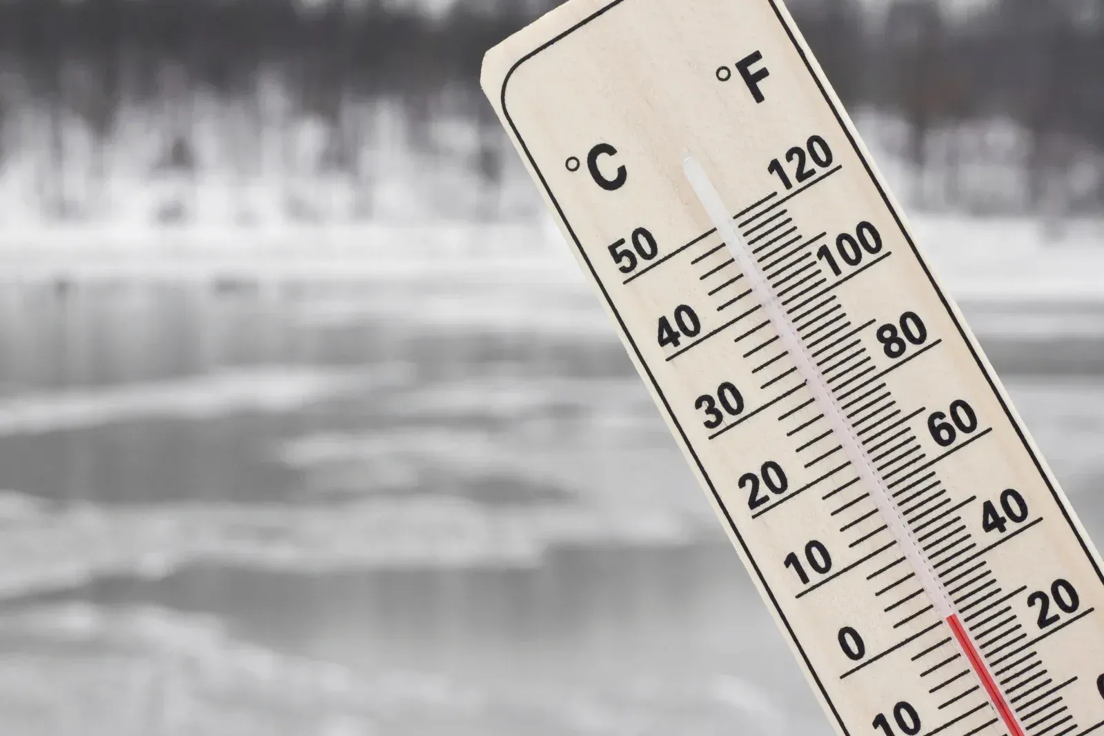 Thermometer showing temperature; scale in Celsius and Fahrenheit, likely cold conditions.