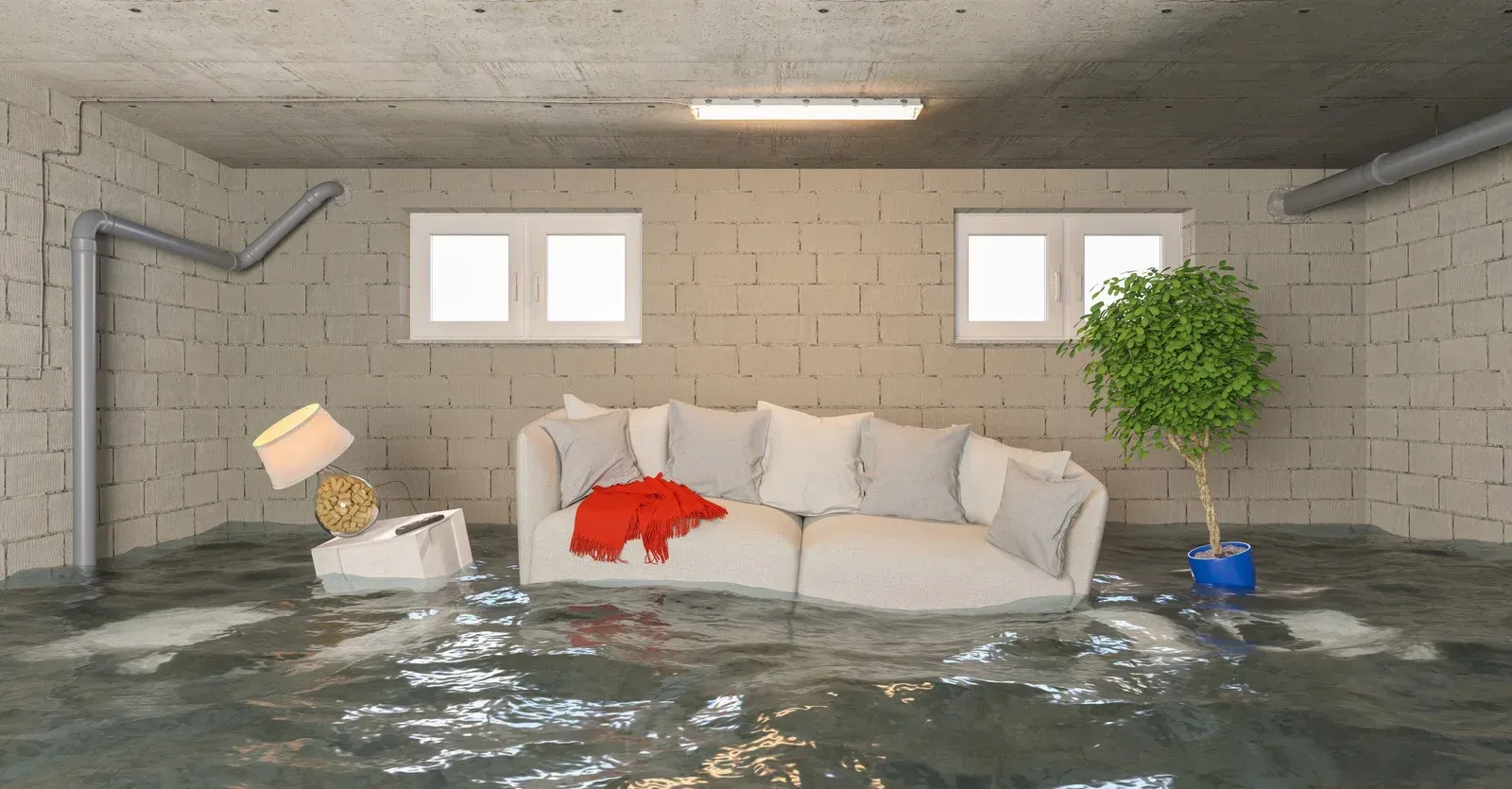 Flooded basement with a couch, table, and plant submerged in water.