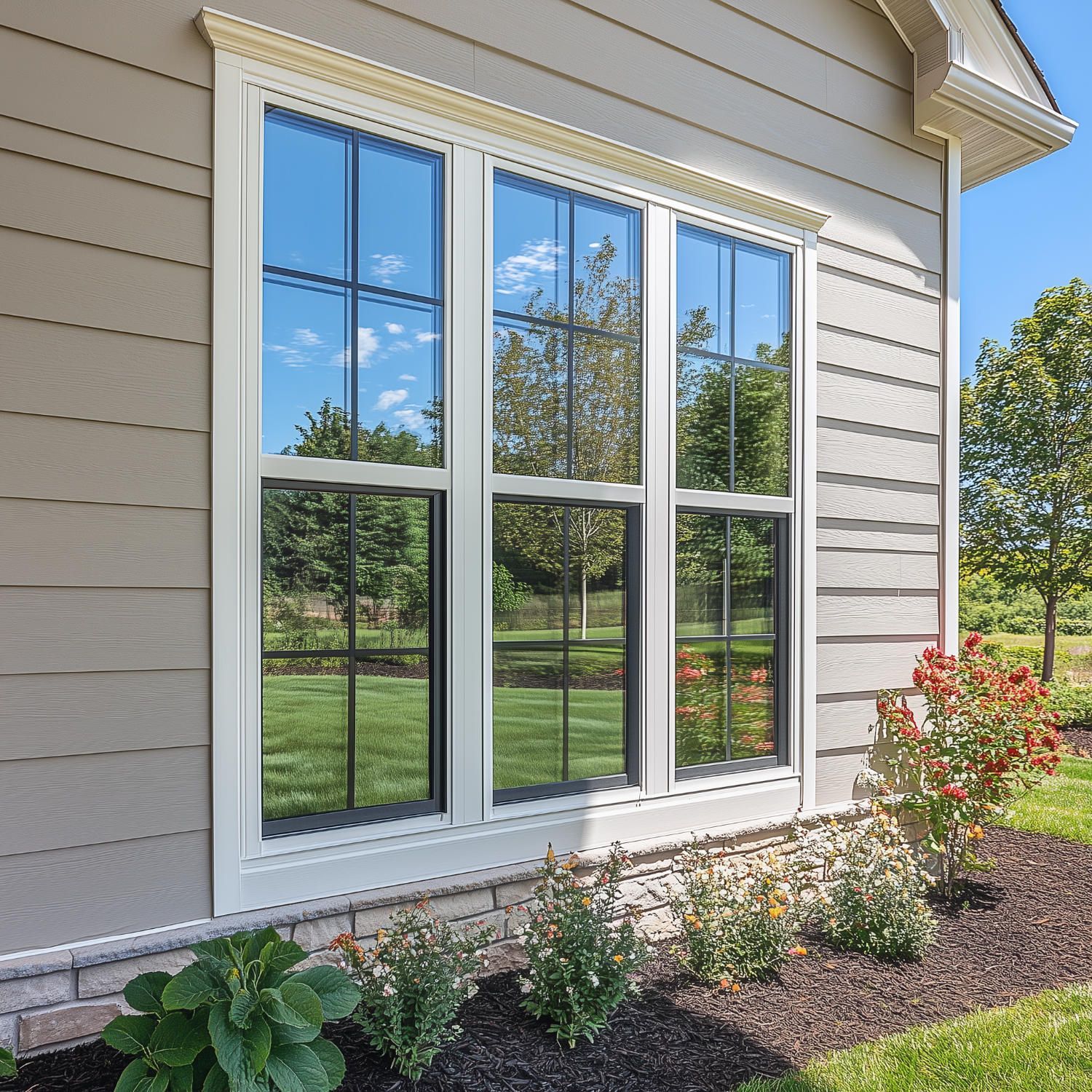 A large, white-framed, triple-pane window on a light brown house with a garden bed in the foreground.