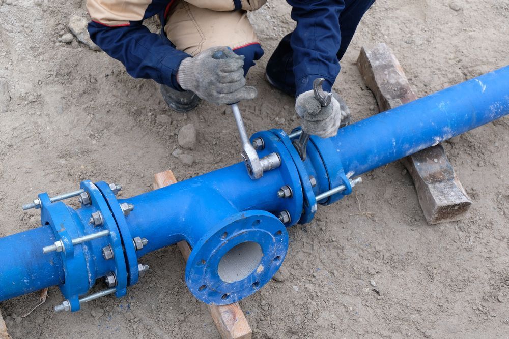 Workers installing water supply pipeline system, close up