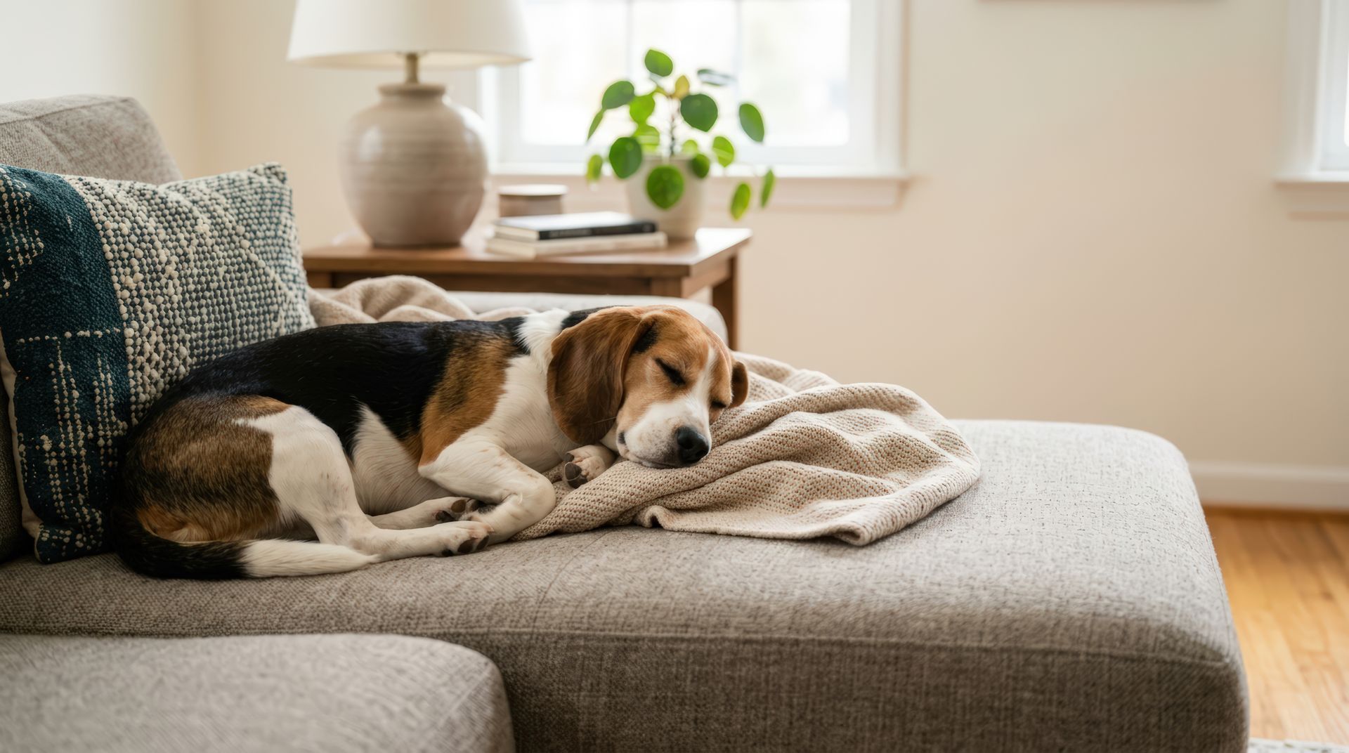 Brown-and-white dog sleeping on a beige couch with a knitted blanket in a bright living room