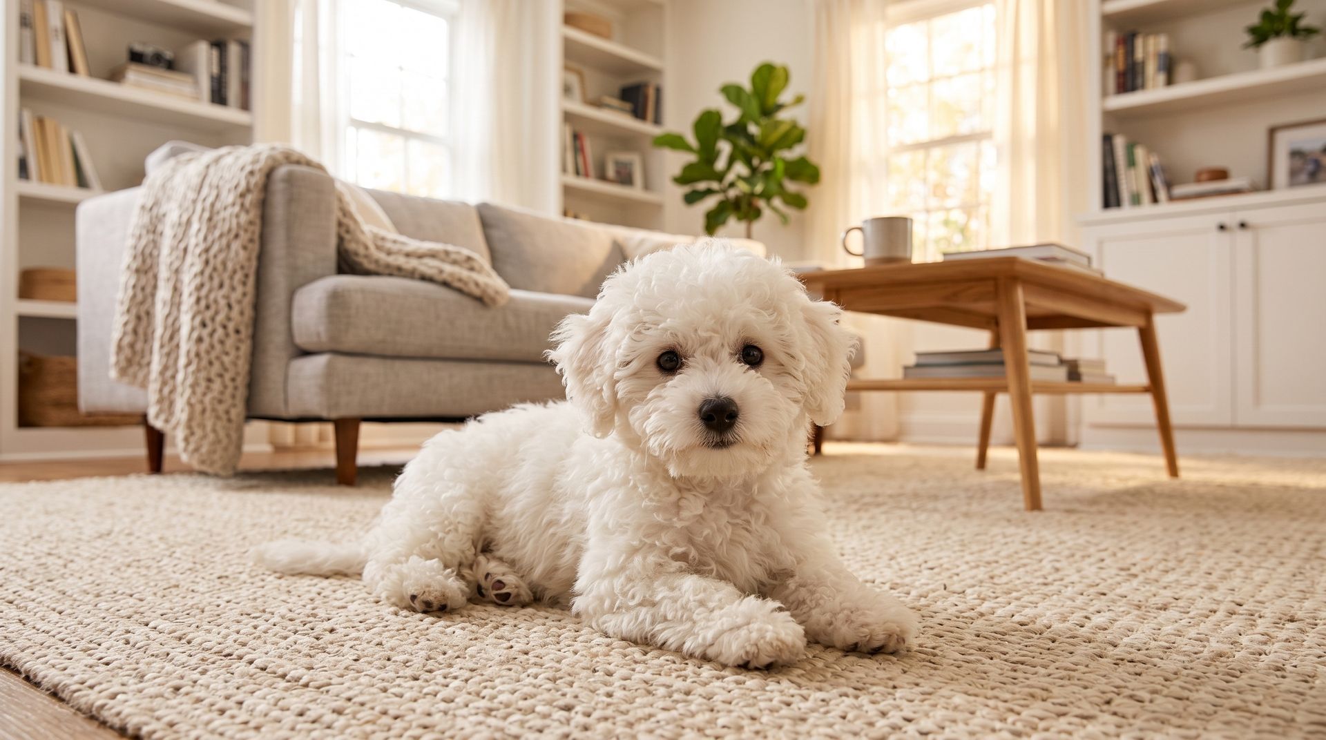 Small white dog lying on a beige rug in a cozy living room with a sofa and shelves behind it