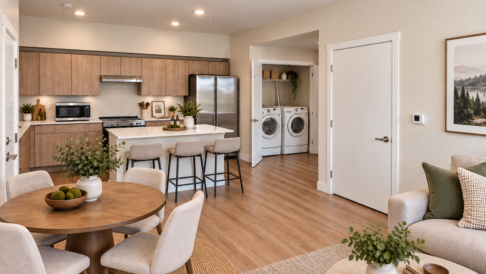 Bright open kitchen and living area with wood floors, island stools, dining table, and laundry room doorway