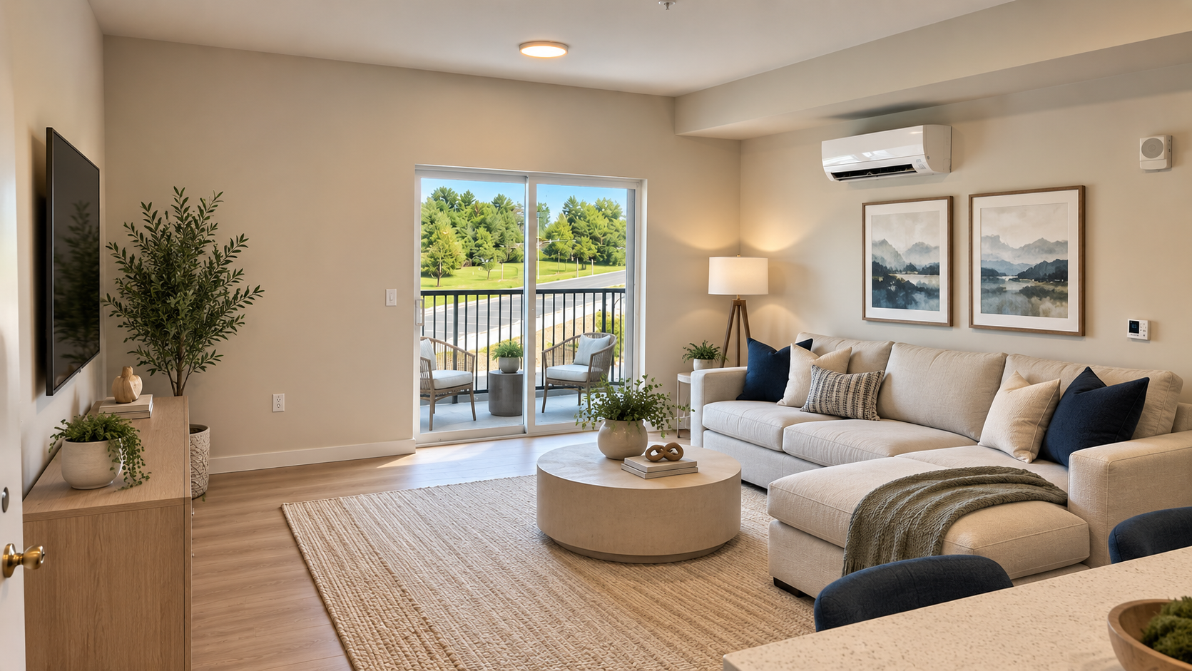 Bright modern living room with beige sofa, round coffee table, wall art, and open doors to a sunny patio.