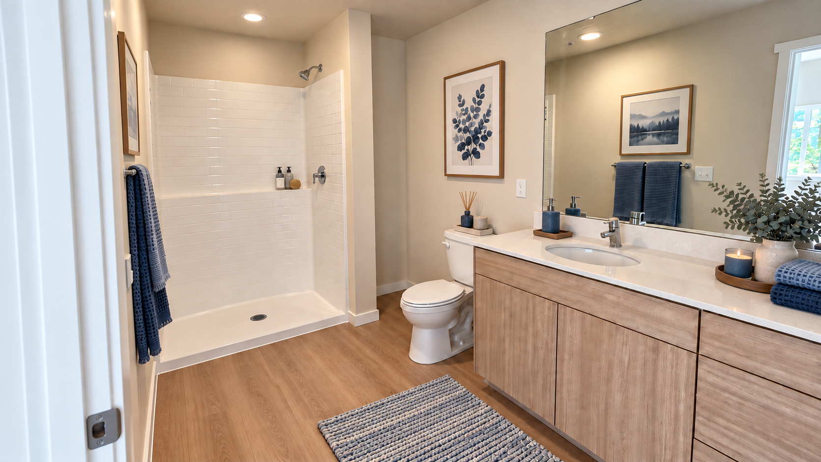 Bright modern bathroom with double vanity, toilet, walk-in shower, and blue accents
