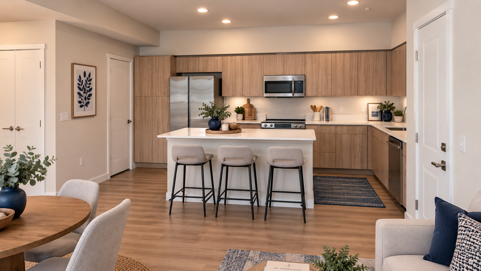 Bright open-plan kitchen and living room with wood cabinets, island seating, and neutral decor