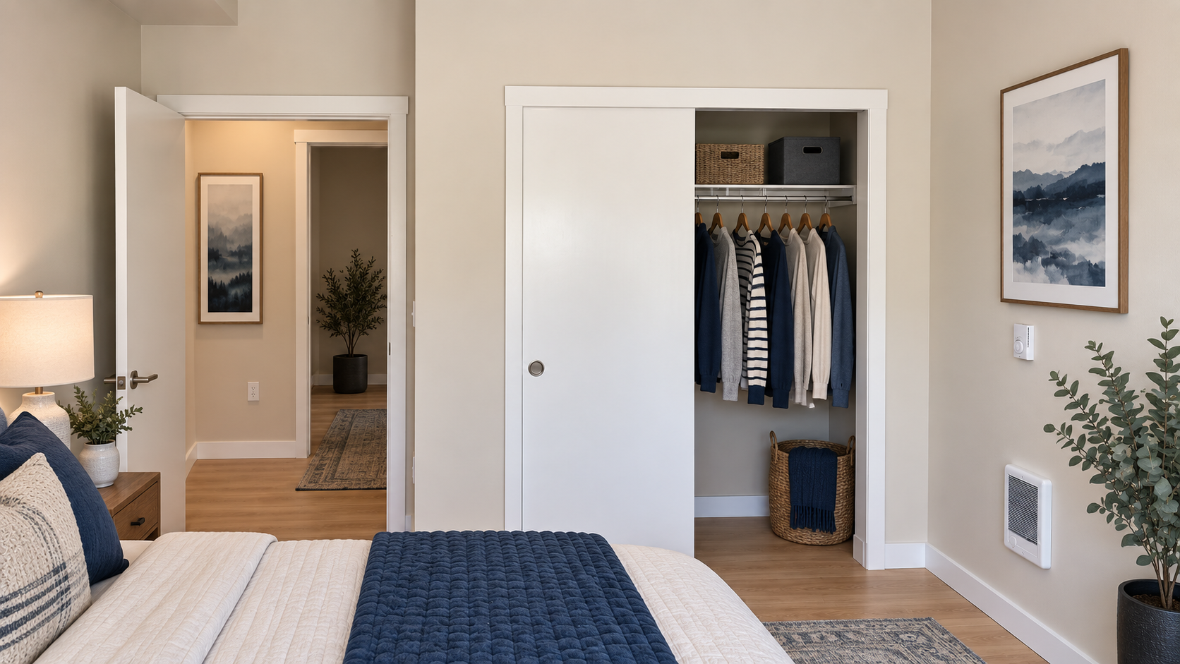 Bedroom with open closet, blue bedding, wall art, and doorway to a bright hall