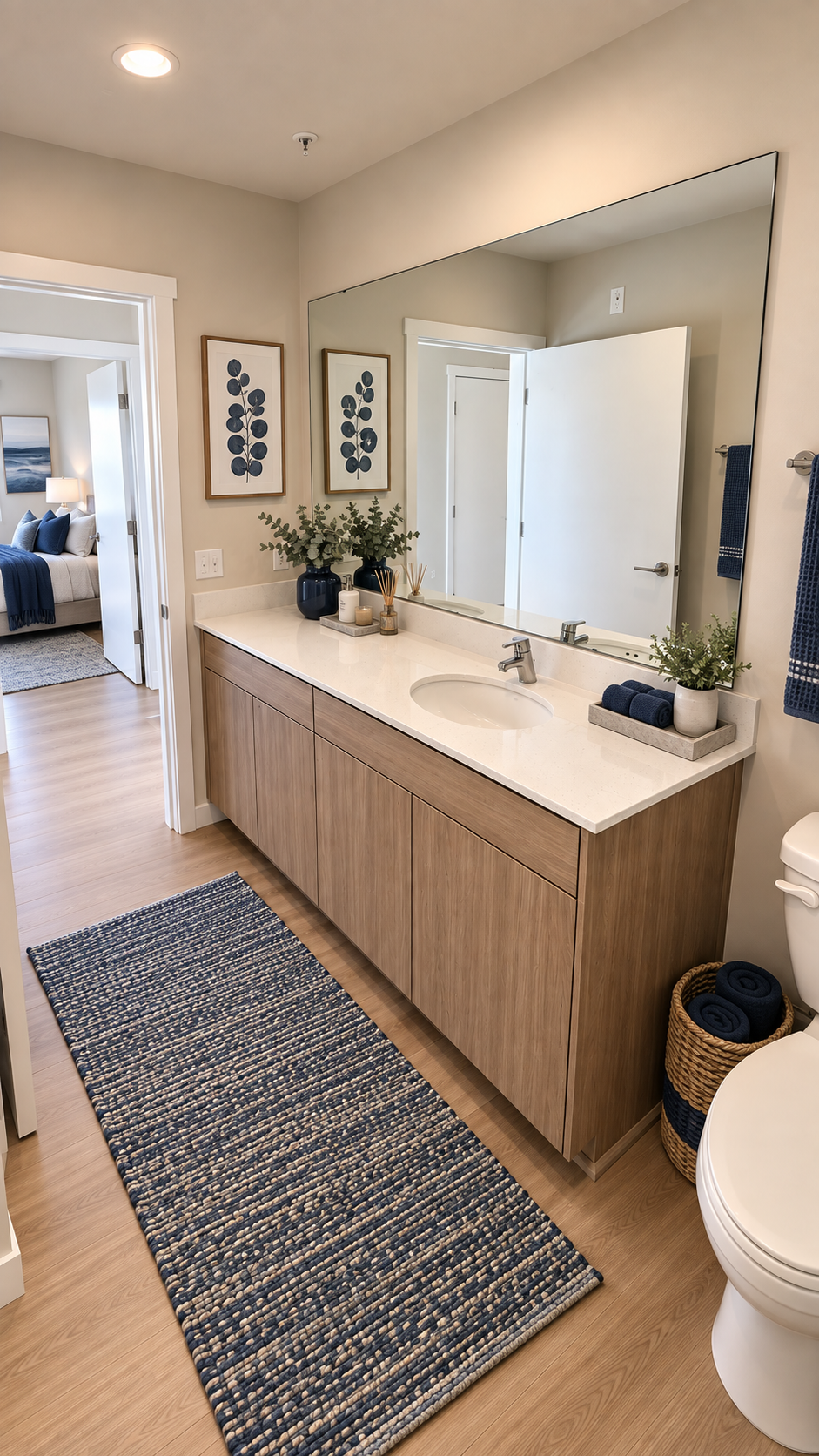Bright bathroom vanity with large mirror, wood cabinets, white countertop, plants, and dark runner rug.