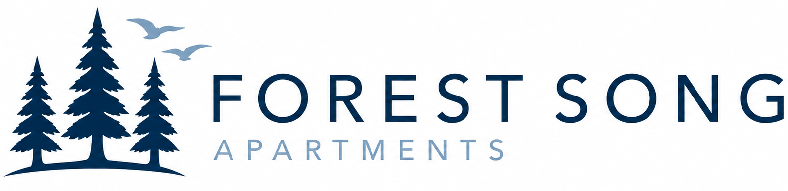 Forest Song Apartments logo with blue pine trees and navy text on white background