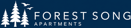 Forest Song Apartments logo with three white pine trees on a blue background