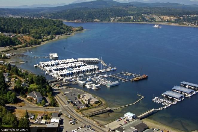Aerial view of a marina with many white boats on blue water beside shoreline and hills