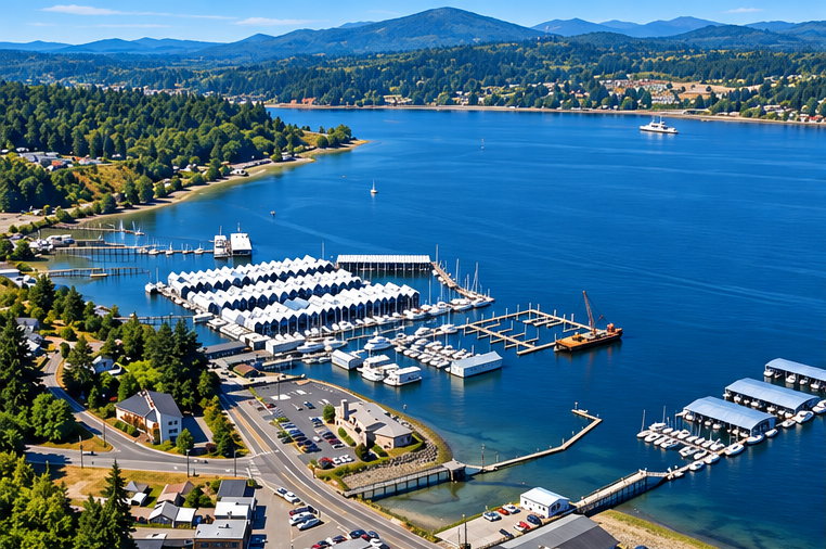 Aerial view of a marina with many white boats on blue water beside shoreline and hills