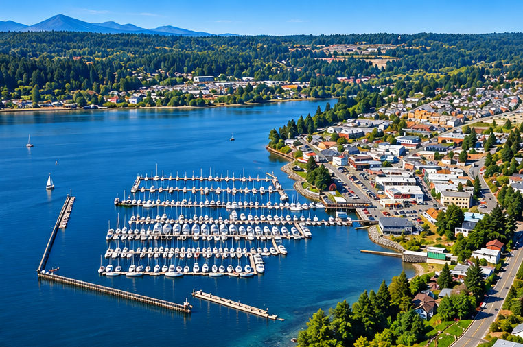 Aerial view of a marina with boats, a coastal town, and calm blue water beside a green shoreline