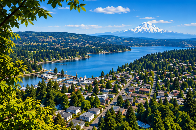 Lake and suburban neighborhood with Mount Rainier in the distance, framed by trees and blue sky