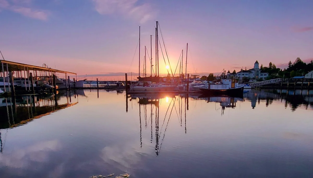 Sunset over a calm marina with sailboats and masts reflected in still water