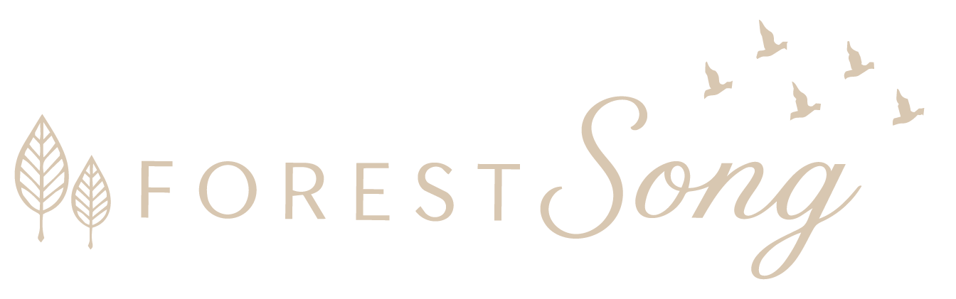 Forest Song logo with gold leaves, trees, and birds on a white background