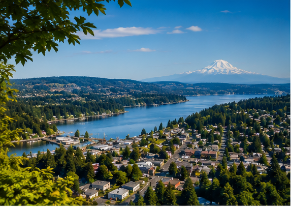 Lake and suburban neighborhood with Mount Rainier in the distance, framed by trees and blue sky
