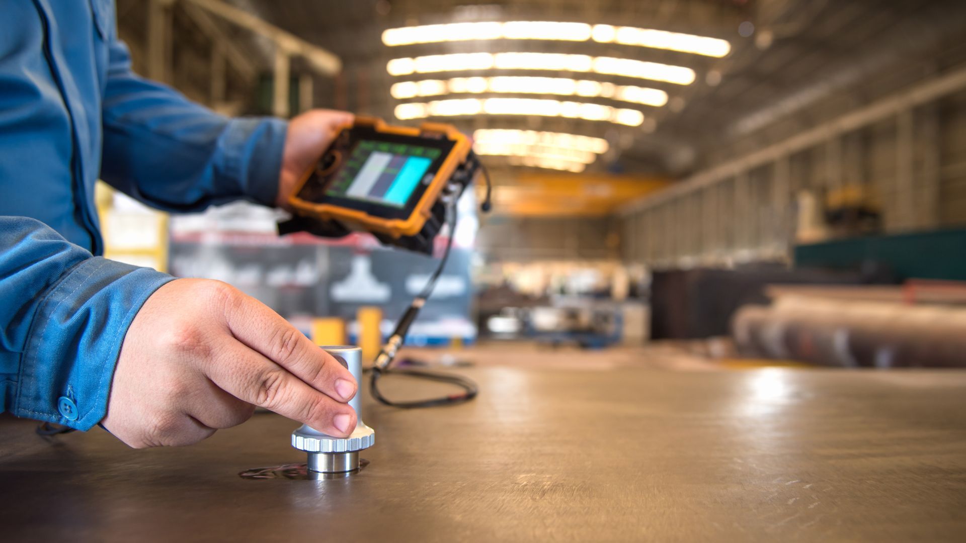 A man is using a ultrasonic device to check the quality of a piece of metal.