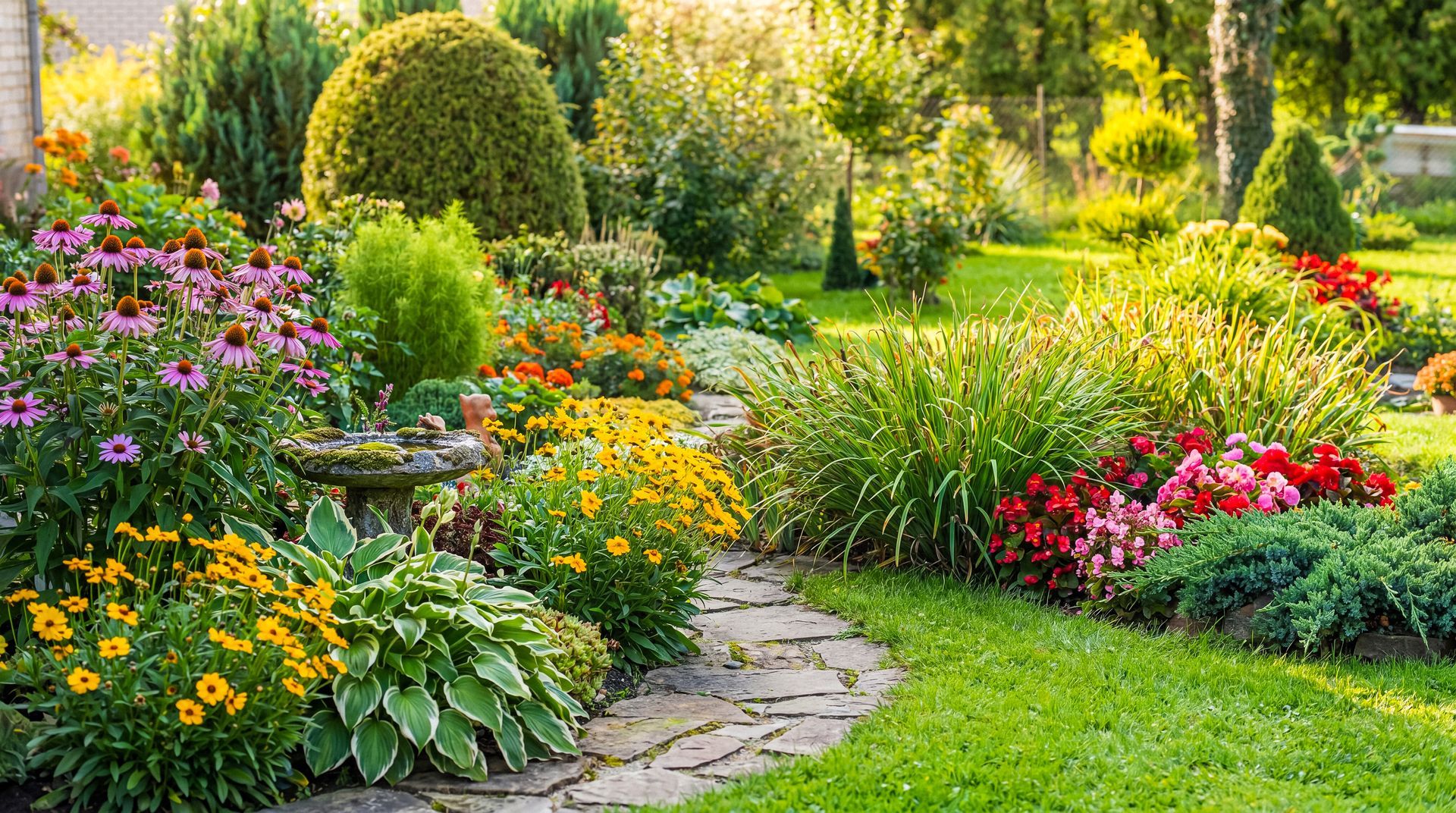 Landscaped backyard with stone patio