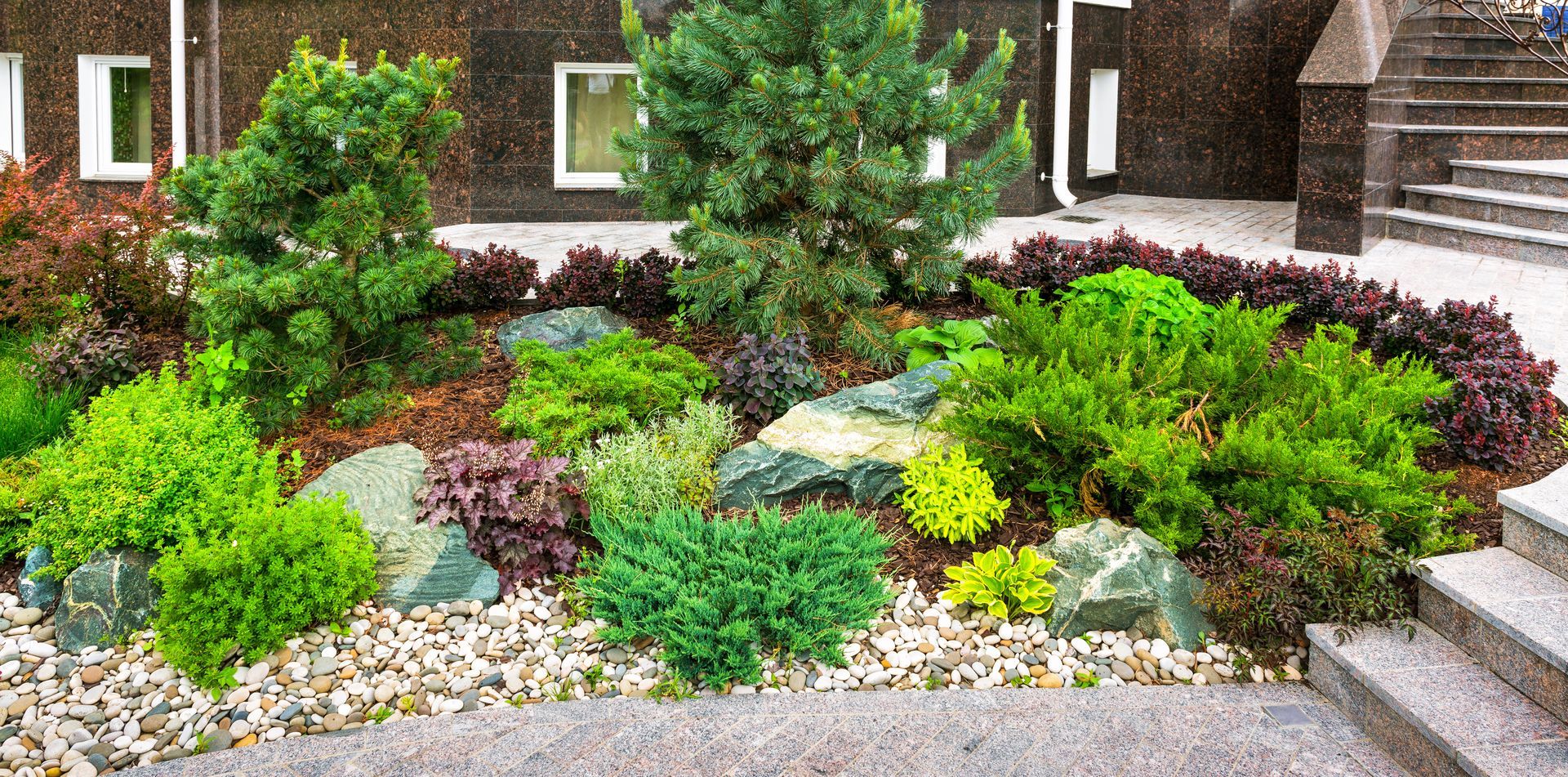 Landscaped backyard with stone patio