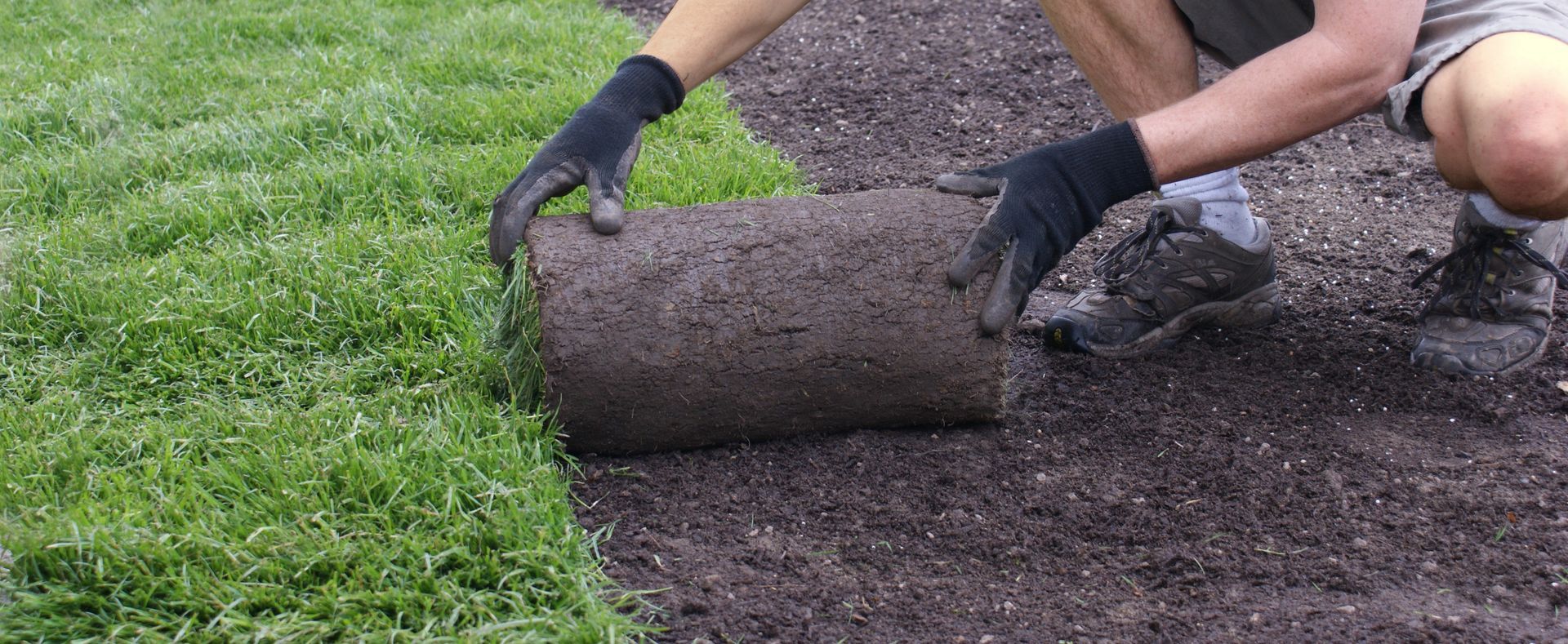 Hands rolling sod into place beside a strip of green grass in a yard
