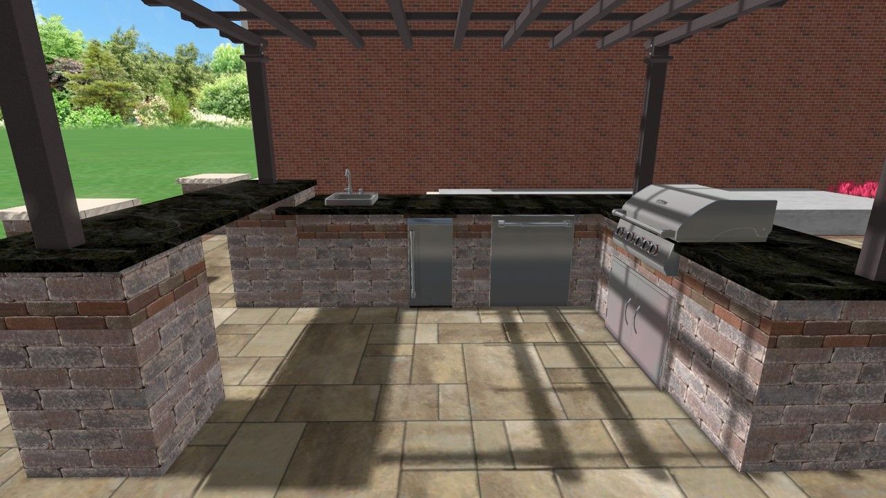 Brick outdoor sink and counter area under a covered patio, with tiled floor and green yard beyond.